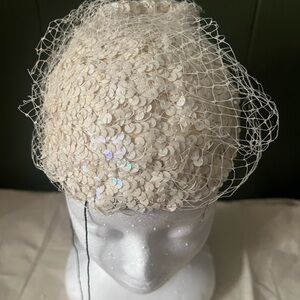 Vintage Cream Sequin Hat with Veil